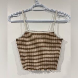 Oak + Fort XS Gingham Crop Cami Top | Brown & White Ribbed Tank
